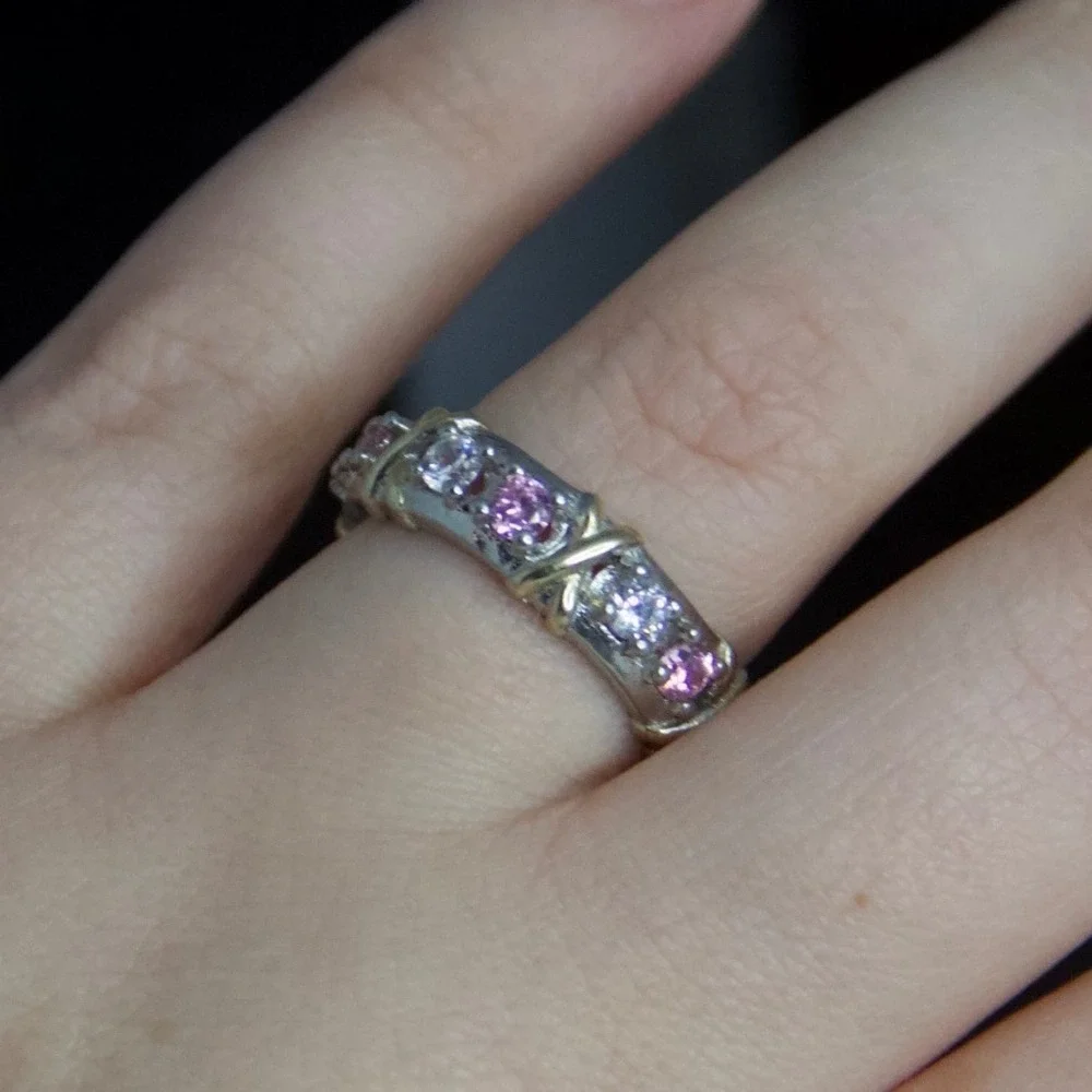 Sterling Silver Pink Clear CZ Eternity Band Ring‎ Size 7 S925 X Kiss Motif